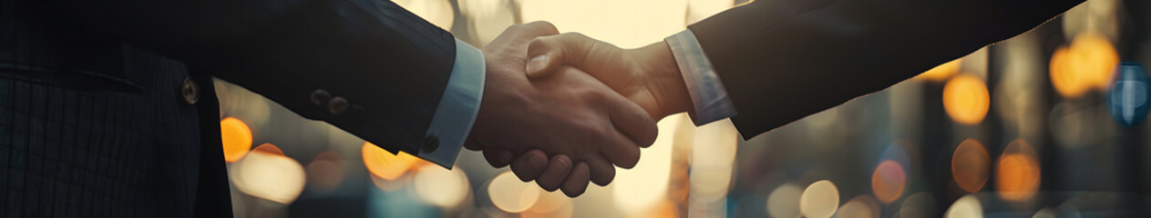 Two business man shaking hands, neutral background, success banner - obrazy, fototapety, plakaty