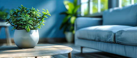Modern Living Room with Green Plant Decor, Stylish and Comfortable Interior, Bright and Welcoming Space