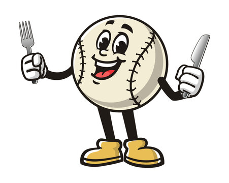 Baseball holding fork and knife cartoon mascot illustration character vector clip art hand drawn