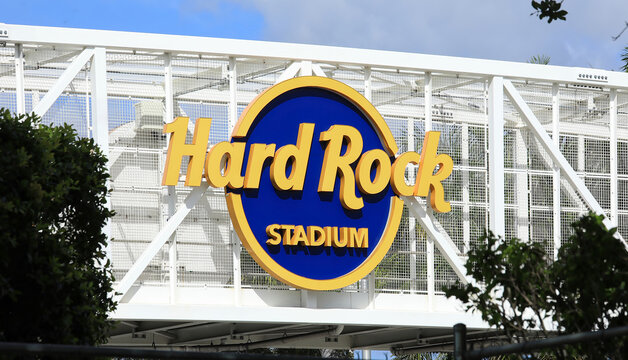 Hard Rock Stadium sign, The Hard Rock is the home of the Miami Dolphins and the Miami Open tennis tournament, located in Miami Gardens, Florida, USA. 