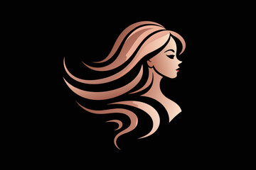 silhouette Discover the elegance of a rose gold vector icon featuring a chic girl silhouette with luxurious, wavy long hair