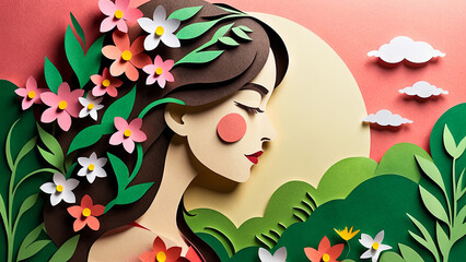 A woman papercut profile spring background_1