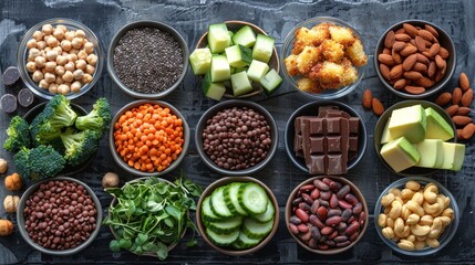  Bowls filled with various produce, including nuts and veggies