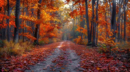 Foto op Plexiglas Tranquil autumn forest with vibrant foliage, sunlight filtering through trees, crisp details © RECARTFRAME CH