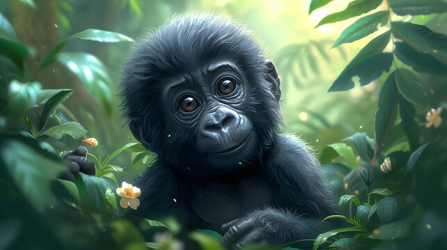gorilla looking curious, dense jungle foliage
