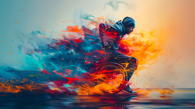 Silhouette of a disabled man in a wheelchair practicing sports. Colored illustration of a person in a wheelchair. Paralympic games Paris 2024.