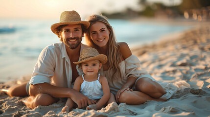 Smiling family in hats on the beach. Family vacation on the Ionian coast. - obrazy, fototapety, plakaty
