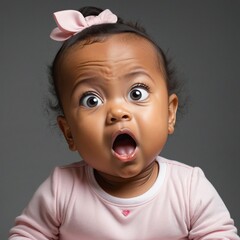 surprised or shocked cute little baby girl amazed of surprise, digital painting in 3D cartoon...
