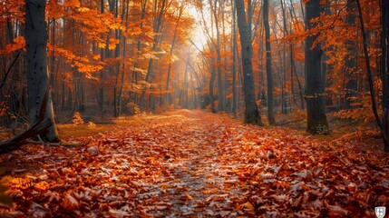 Tranquil autumn trail  vibrant foliage, sunlight filtering through trees, high definition realism - obrazy, fototapety, plakaty