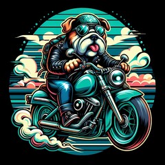 illustration of a bulldog riding a motorcycle