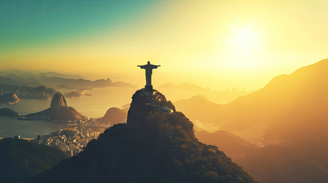 Stunning Sunset View of Christ the Redeemer Statue and Botafogo Bay from Sugar Loaf Mountain, Rio de Janeiro, Brazil