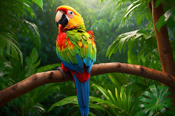 Illustration of a colorful parrot perched on a branch against a background of foliage.
