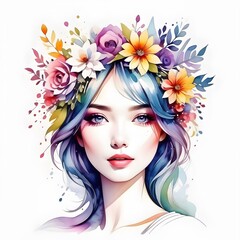 Watercolor portrait of beautiful young woman wearing wreath. Artwork