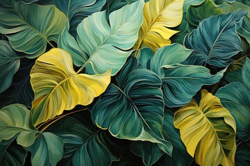 abstract canvas of nature unfolds with a lush green leaf texture. Tropical leaves create a rich and intricate background, showcasing the organic beauty of nature. 
