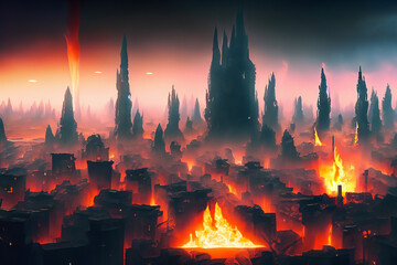 Atto finale, illustrazione di una citta distrutta in fiamme - obrazy, fototapety, plakaty