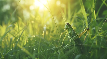 Grasshoppers chirping in the tall grass - obrazy, fototapety, plakaty