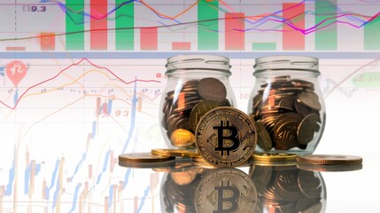 Halogram bitcoin on the background of glass jars with coins, on the background of stock charts --no text, titles, shoes --ar 16:9 --quality 0.5 --stylize 0 Job ID: 0704b900-1a8f-4921-9d08-8ab81028881f