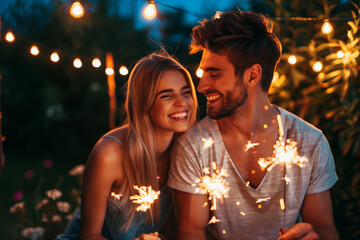 couple on 4th of July, holding sparklers, holiday, young couple in love, Independence Day, fireworks - obrazy, fototapety, plakaty