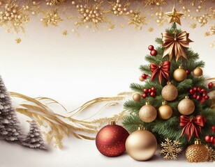 Elegant christmas background with ornate tree, golden ribbons, and baubles on a creamy backdrop