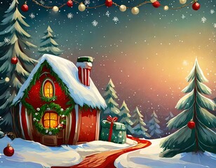 Vibrant illustration of a cozy, snow-covered cottage with festive decorations and a gift during christmas eve - obrazy, fototapety, plakaty