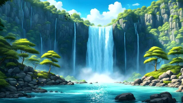 beautiful waterfall in the middle of an enchanting forest, with blue skies, white clouds, green trees, and rock. Seamless looping 4k time-lapse video animation background 