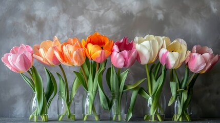  A row of colorful tulip-filled vases rests on a table, adjacent to a gray wall, framed by another gray wall