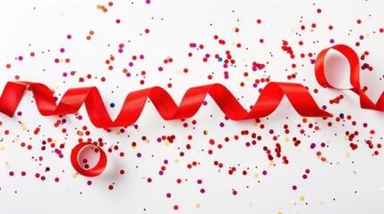 New Year background. red ribbon ,confetti on white background, banner, copy space