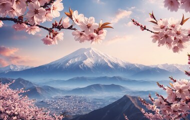 mountain and cherry blossoms in spring time.