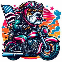 illustration of a bulldog riding a motorcycle