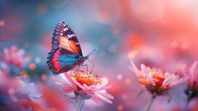 Iridescent butterfly on flower, vibrant colors, realistic textures, high resolution macro shot