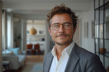 Portrait of handsome mature businessman with eyeglasses looking at camera at home - obrazy, fototapety, plakaty