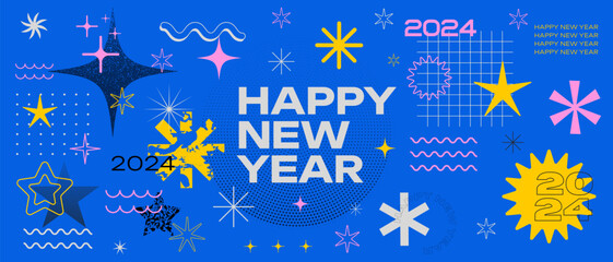 2024 Happy New Year Geometric Background Vector Design. Cool Trendy Abstract Shapes Backdrop. Dot Textured Graphic Elemennts. Brutalist Illutration.