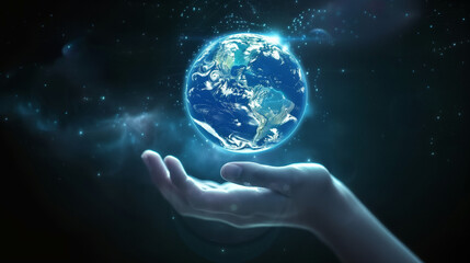 Title: "Digital Earth Grasp"

Art Description: Hand holding holographic Earth against dark blue background, futuristic cyberpunk style.
