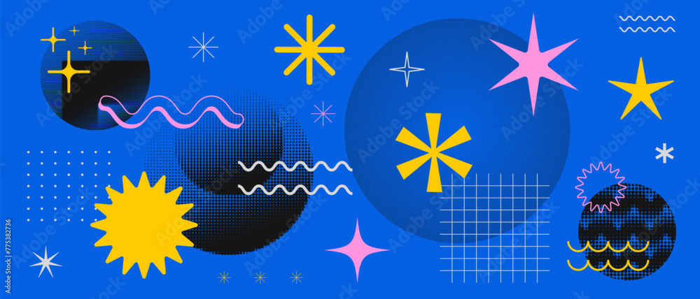 Fototapete cool abstract geometric shapes background vector design. y2k brutalist dot halftone textured element