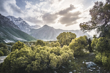 Mountain panoramic landscape of the Fan Mountains with rocks, glaciers and vegetation in sunny...