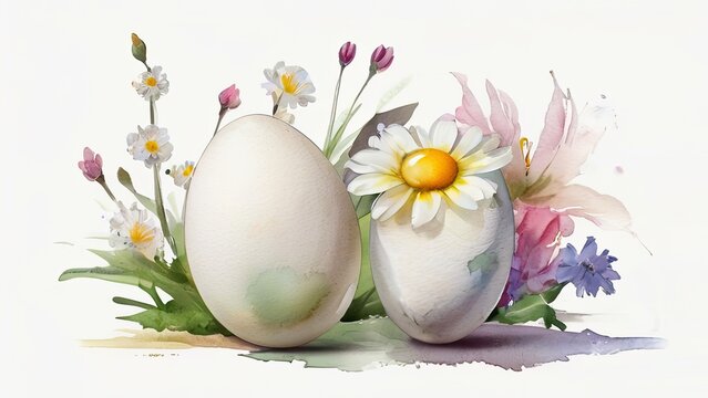 Chicken eggs flowers plants with watercolor Easter