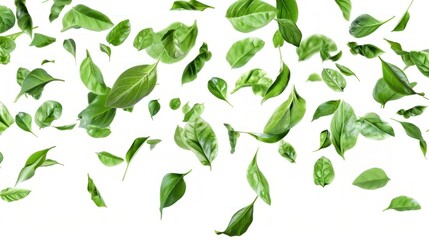 Drifting green leaves on white background. banner, copy space