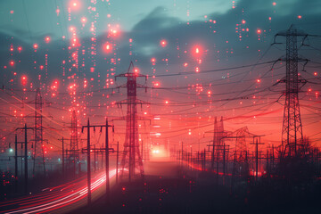 Twilight Glow Over Power Lines and Communication Towers - obrazy, fototapety, plakaty