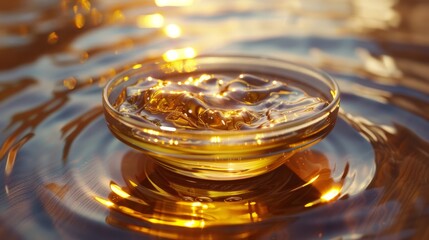 Falling drops of honey in a glass bowl on the surface of the water