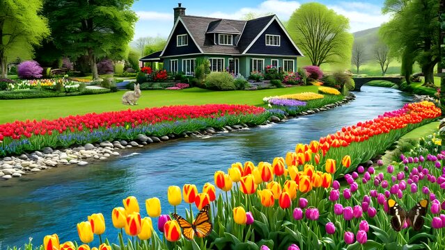 beautiful house is surrounded by colorful tulips, with green grass and trees in the background. A small river flow. Seamless looping 4k time-lapse video animation background 