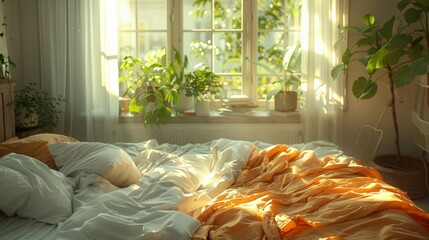 Messy Bed in Morning Sunlight