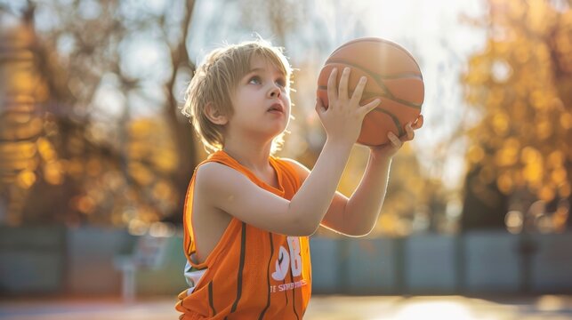 Young child practicing basketball free throw on an outdoor court at sunset
