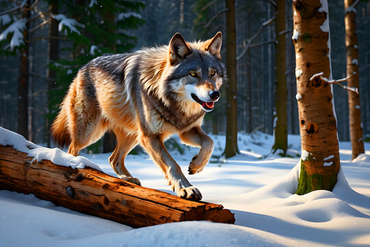 A majestic gray wolf is depicted running on a log.