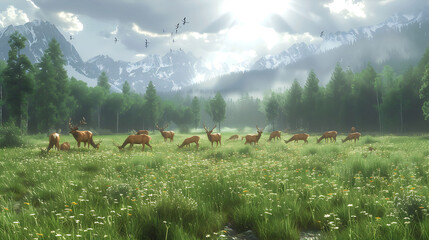 Herds of deer grazing in a sunlit meadow