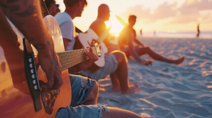 Friends enjoy a beachside acoustic jam at sunset, capturing summer vibes - obrazy, fototapety, plakaty