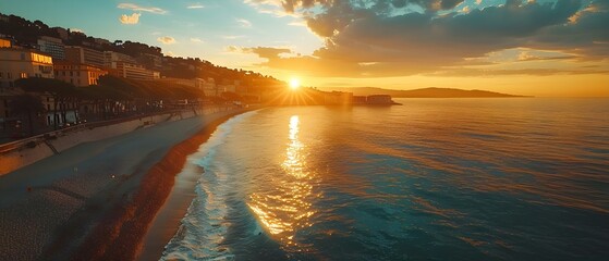 K Aerial Timelapse of Nice, Cote d'Azur, France: Sunrise Over Luxury Resorts, Beach, and Mediterranean Sea. Concept Aerial Timelapse, Nice, Cote d'Azur, France, Sunrise, Luxury Resorts, Beach - obrazy, fototapety, plakaty