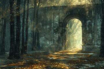 Sunlight Filtering Through An Ancient Archway in a Misty Forest at Dawn