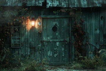 Mysterious Old Wooden Cabin at Dusk With a Glowing Lantern Amidst Overgrown Foliage