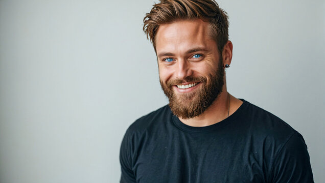 man with a beard wearing a black shirt smiling while looking at the camera on a clean background