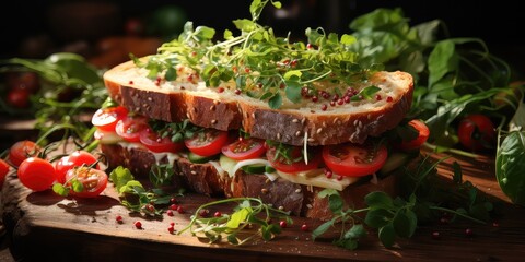 sandwich with crunchy salad and juicy tomatoes on a rustic wooden table. Fresh and wholesome, a feast for your taste buds and a treat for your eyes